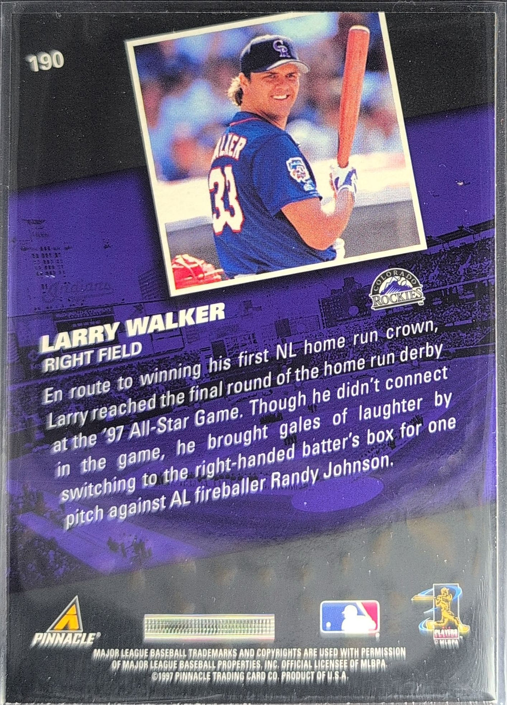 1998 Pinnacle Larry Walker #190 Colorado Rockies back
