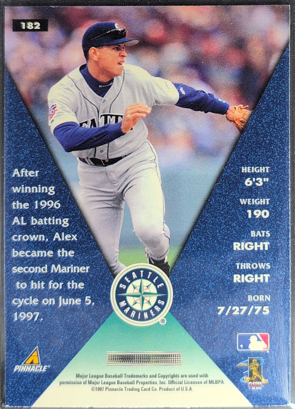 1998 Pinnacle Alex Rodriguez #182 Seattle Mariners back