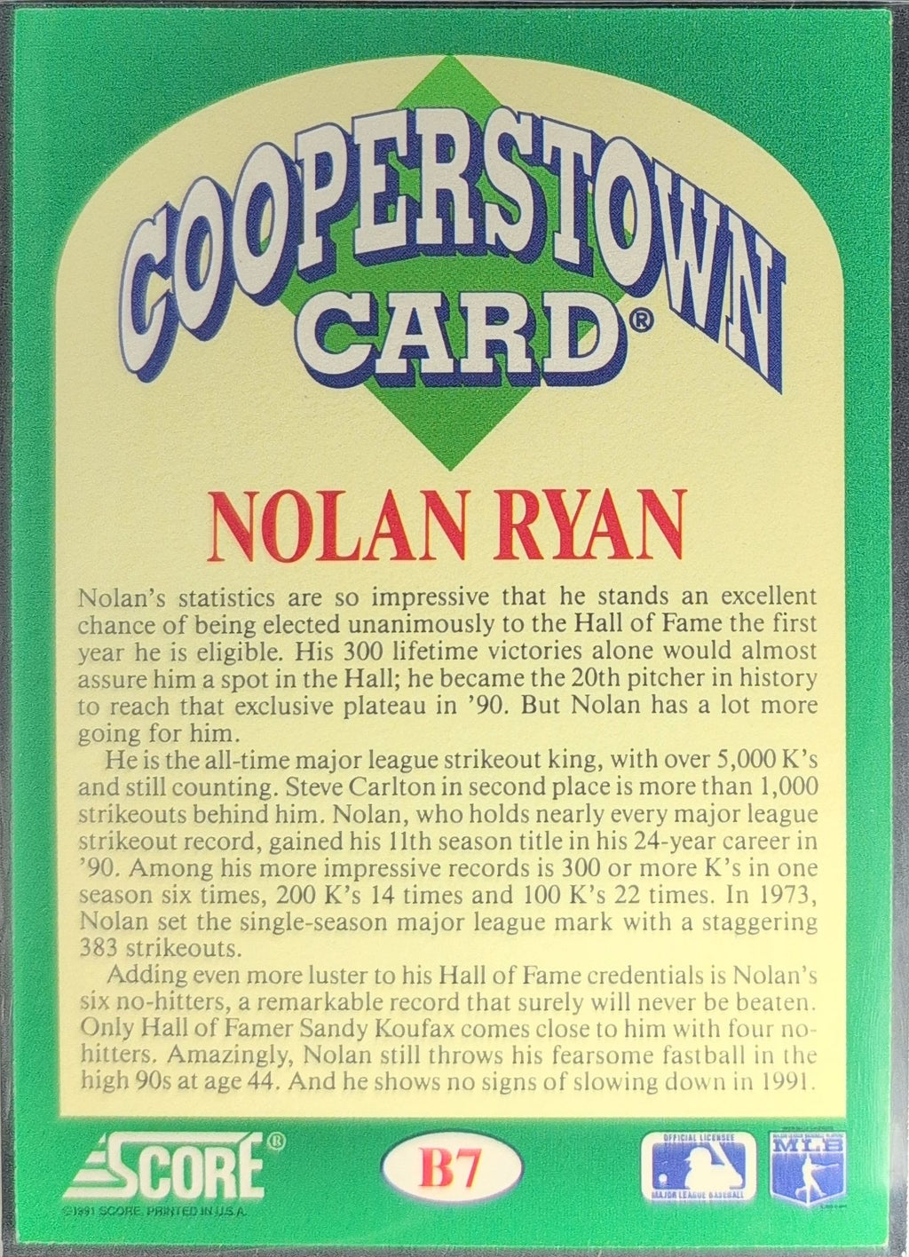 1991 Score Nolan Ryan #B7 Cooperstown Texas Rangers back