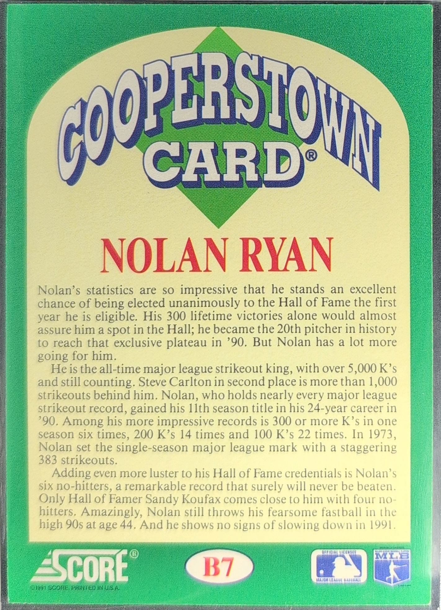 1991 Score Nolan Ryan #B7 Cooperstown Texas Rangers back