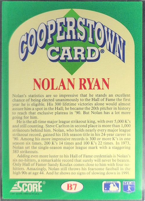 1991 Score Nolan Ryan #B7 Cooperstown Texas Rangers back