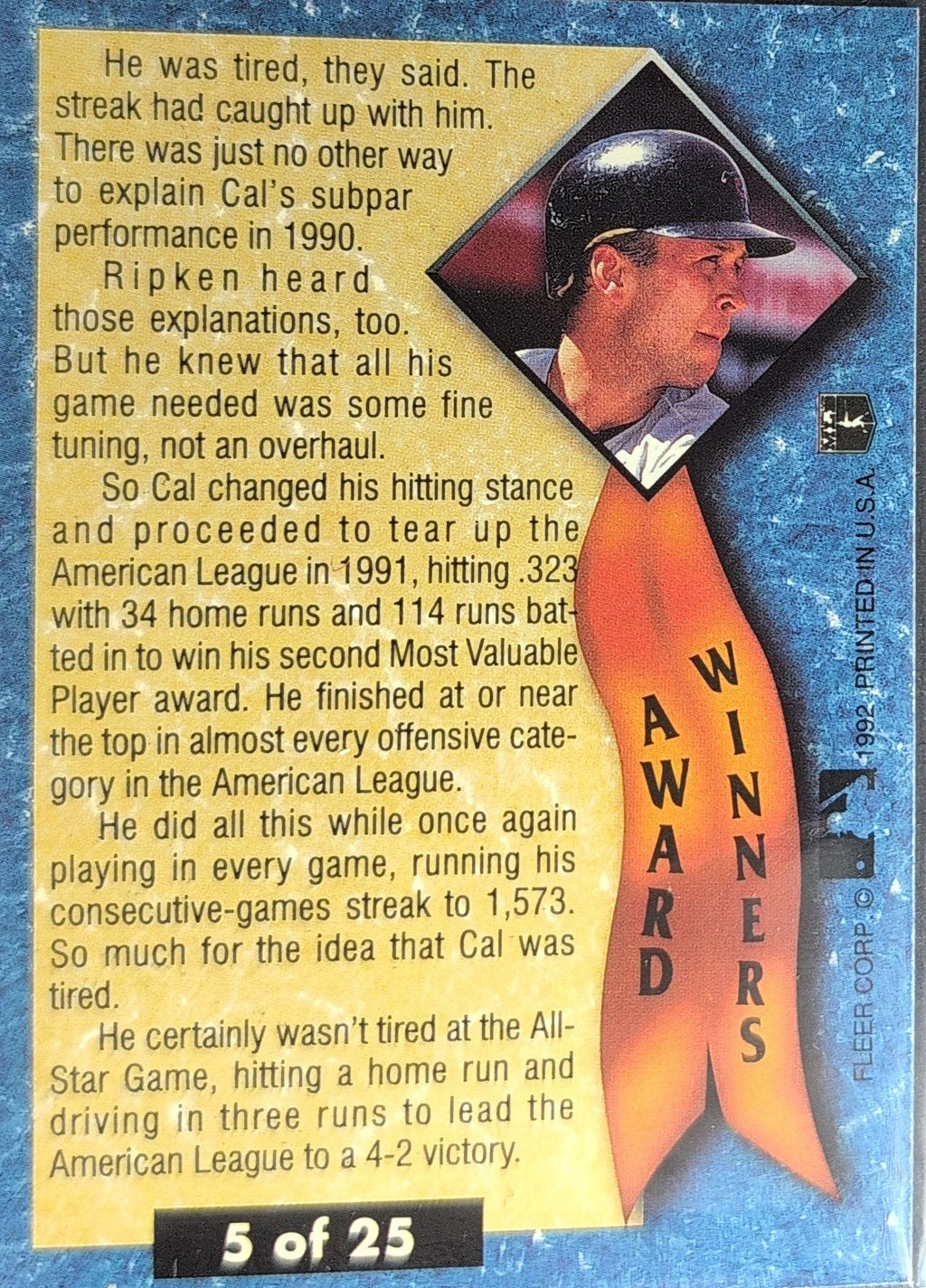 1992 Ultra Cal Ripken, Jr. #5 Award Winners Baltimore Orioles back