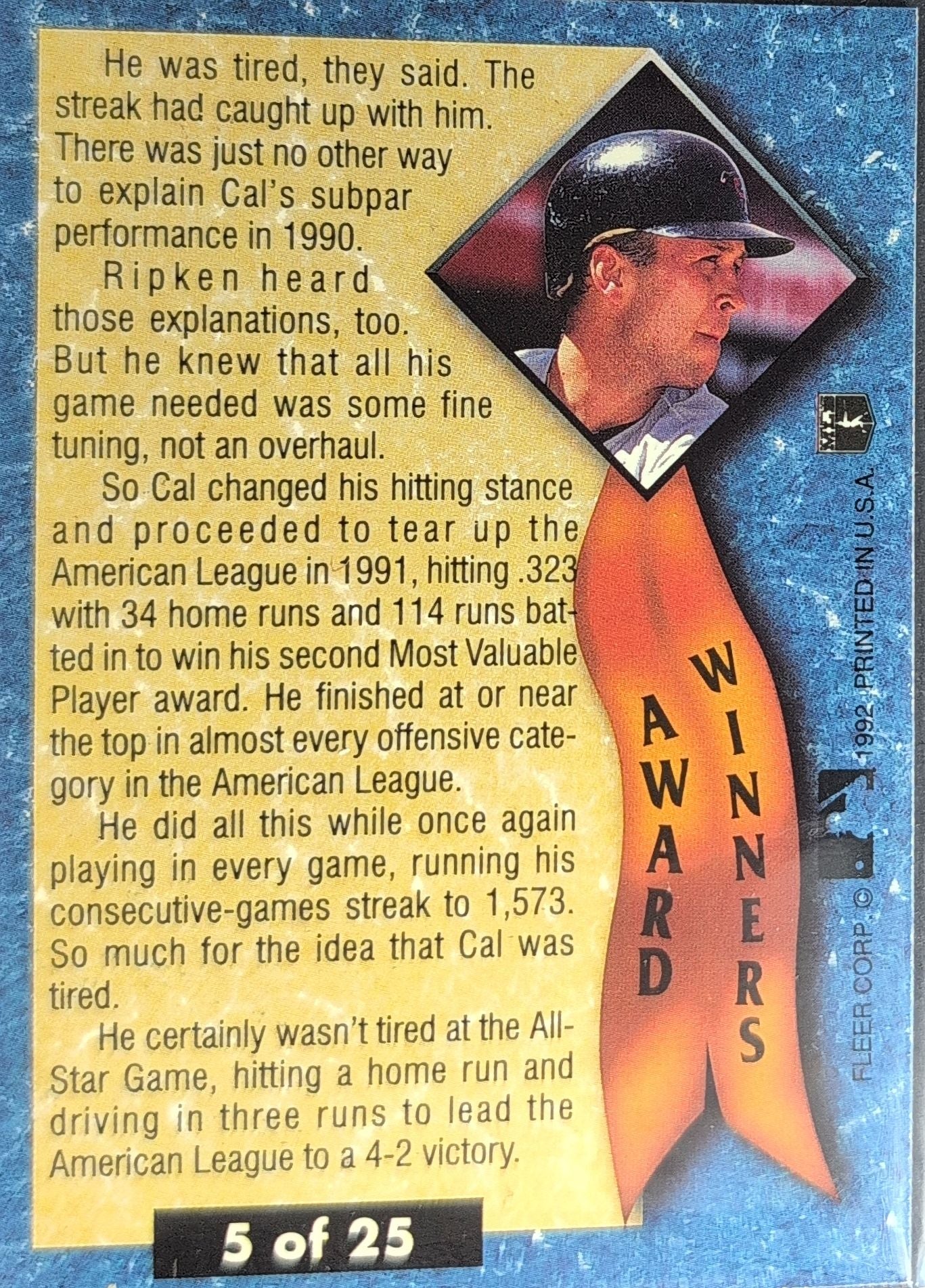 1992 Ultra Cal Ripken, Jr. #5 Award Winners Baltimore Orioles back