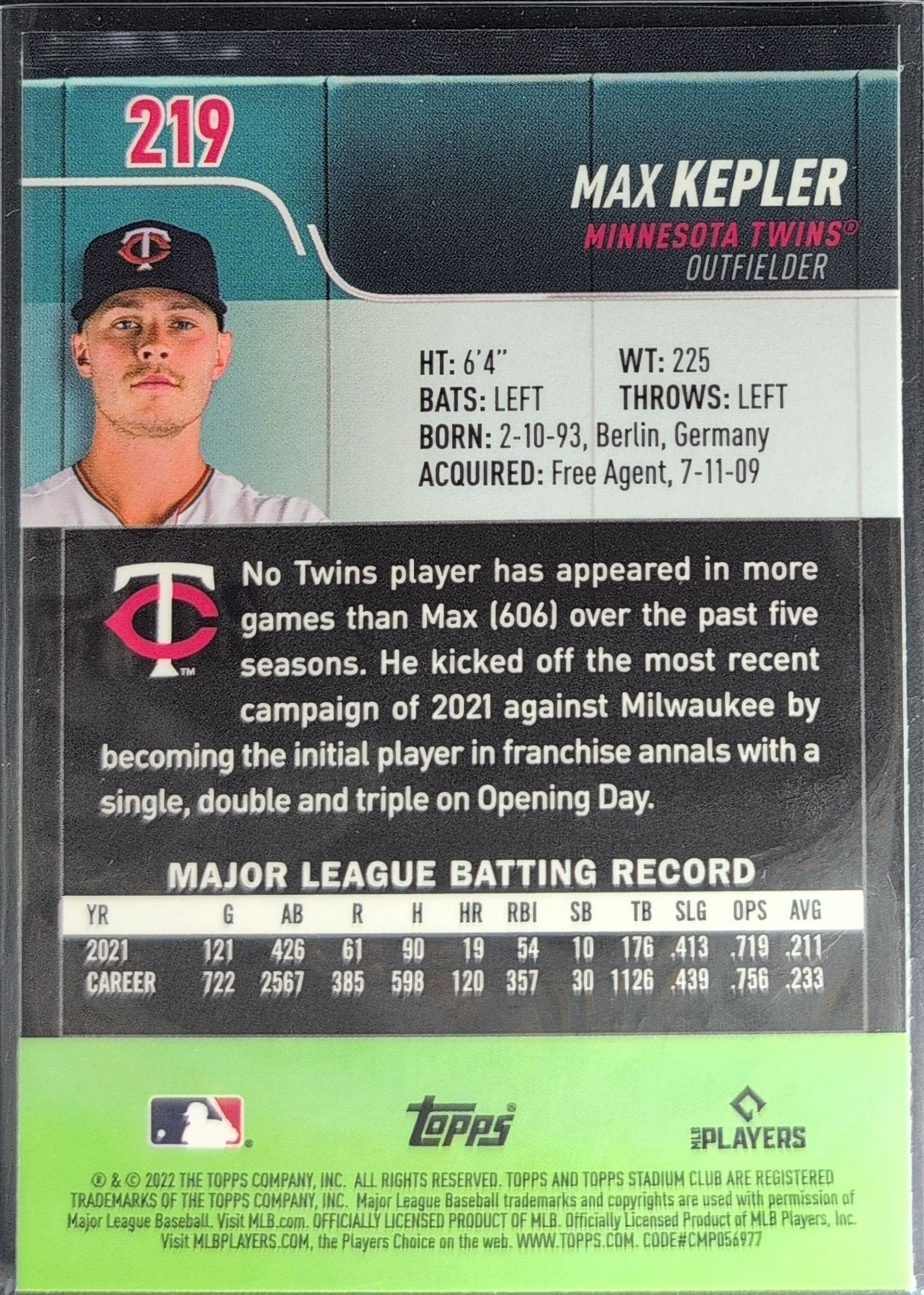 Max Kepler 2022 Stadium Club Chrome #219 X-Fractor Minnesota Twins - back image