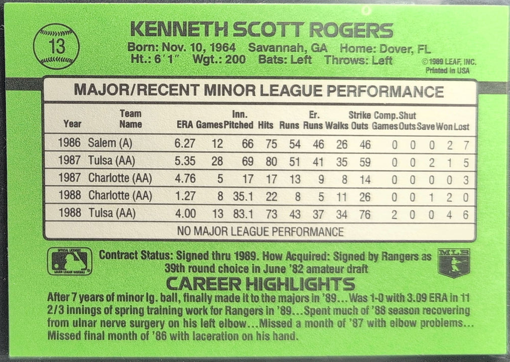 1989 Donruss The Rookies Kenny Rogers #13 Texas Rangers back