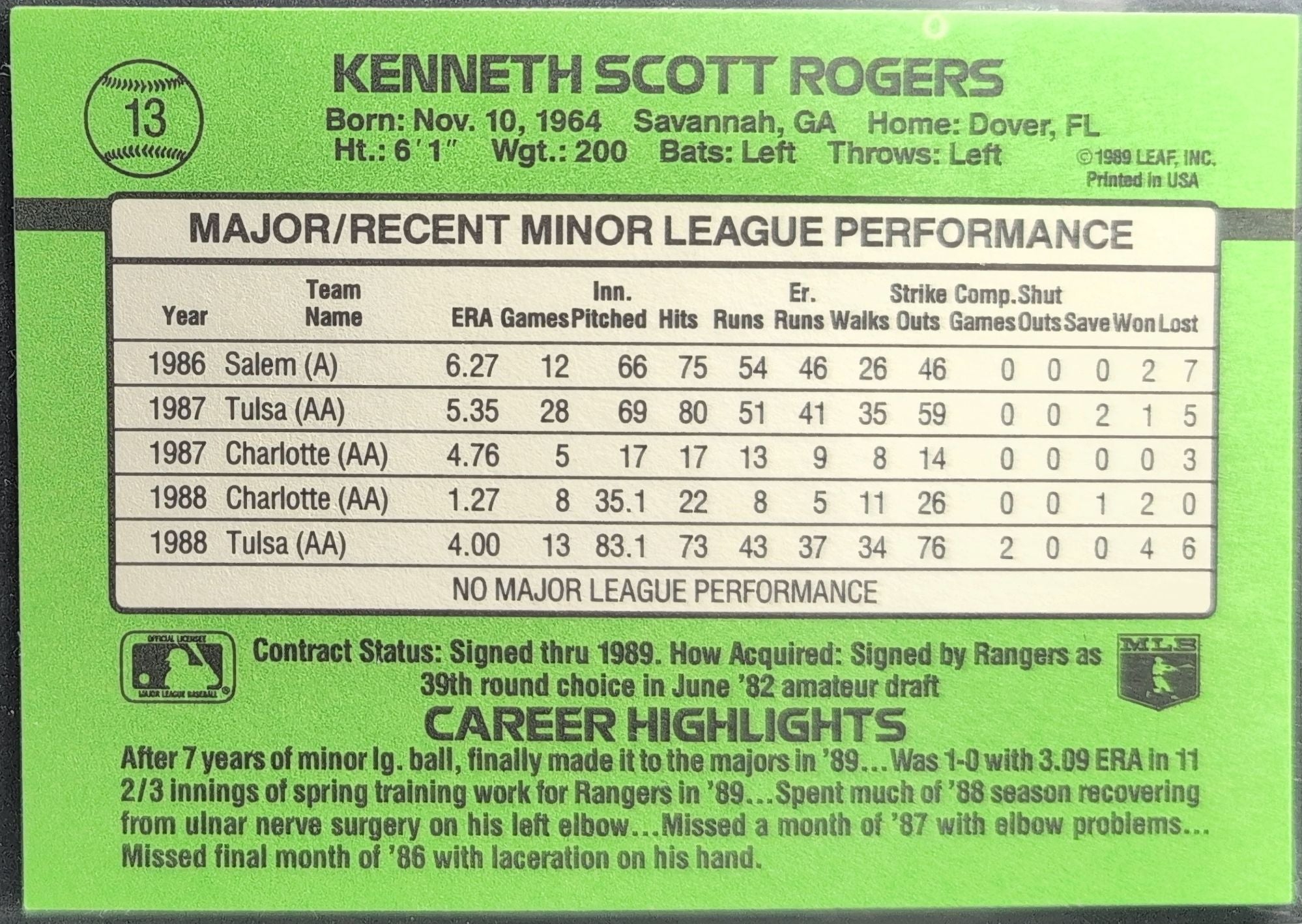 Kenny Rogers 1989 Donruss The Rookies #13 Texas Rangers