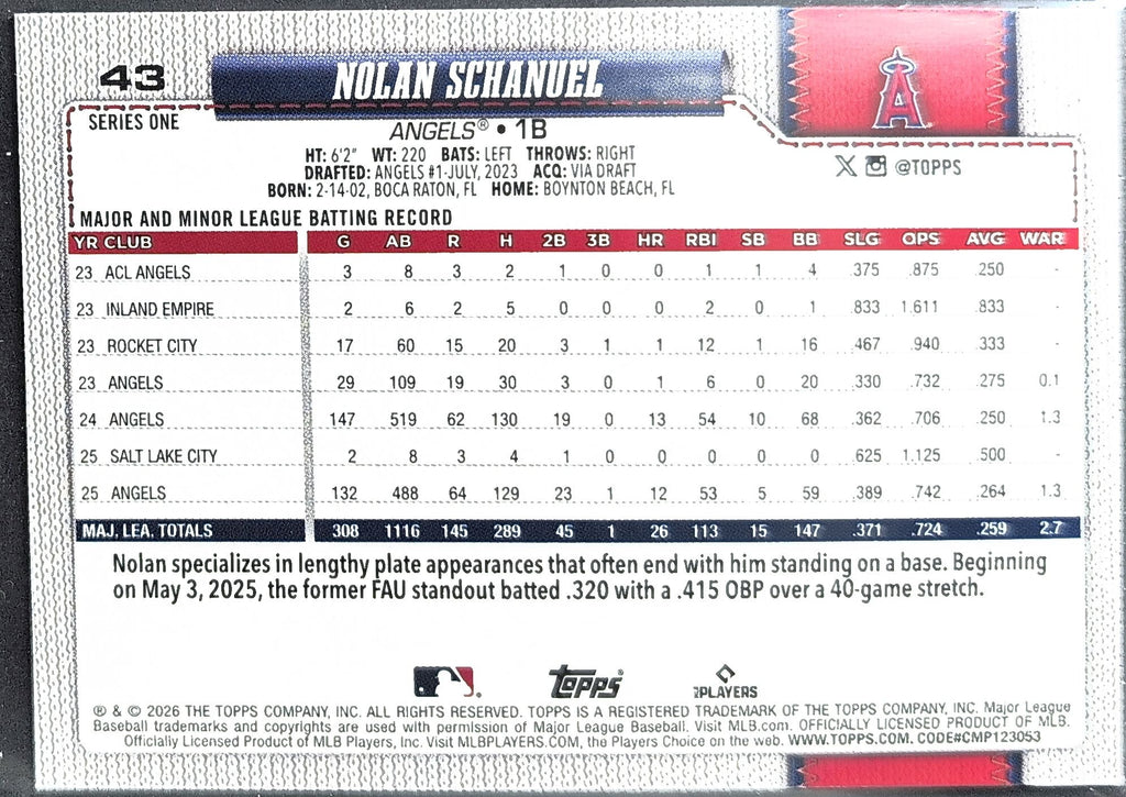 2026 Topps Nolan Schanuel #43 Diamante Foil Los Angeles Angels back