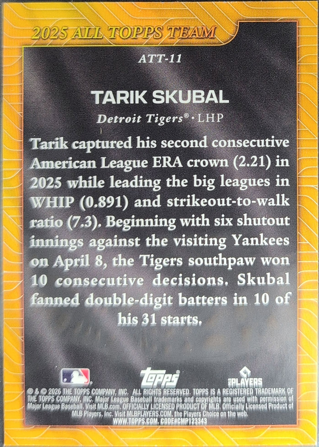 2026 Topps Tarik Skubal #ATT-11 2025 All Topps Team Detroit Tigers back