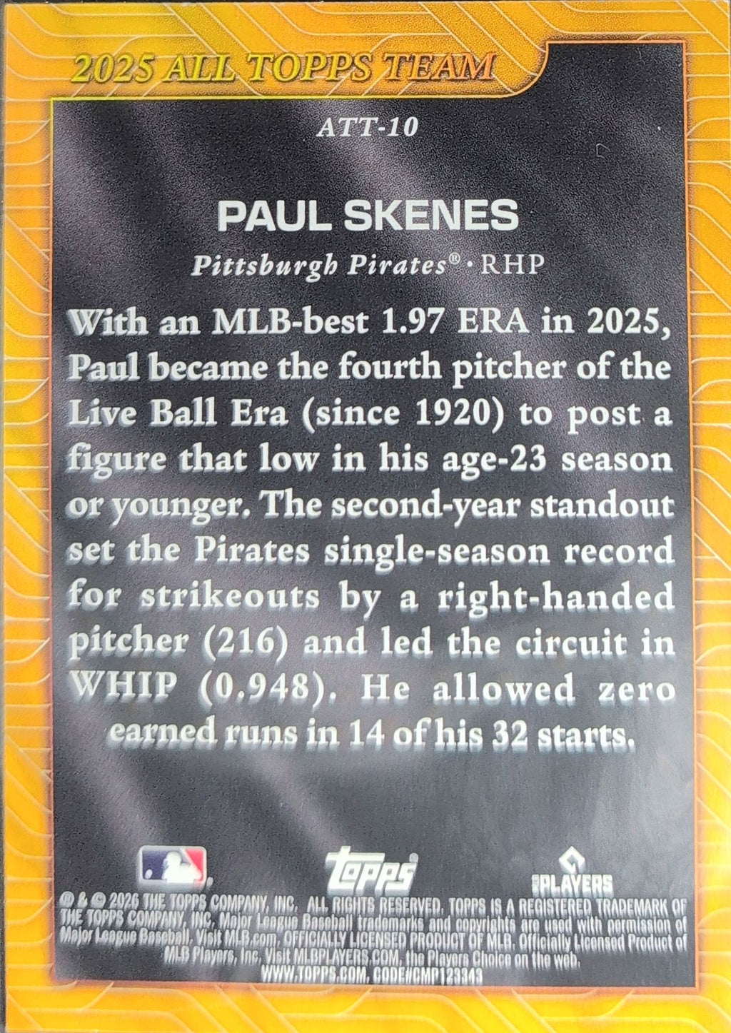 2026 Topps Paul Skenes #ATT-10 2025 All Topps Team Pittsburgh Pirates back