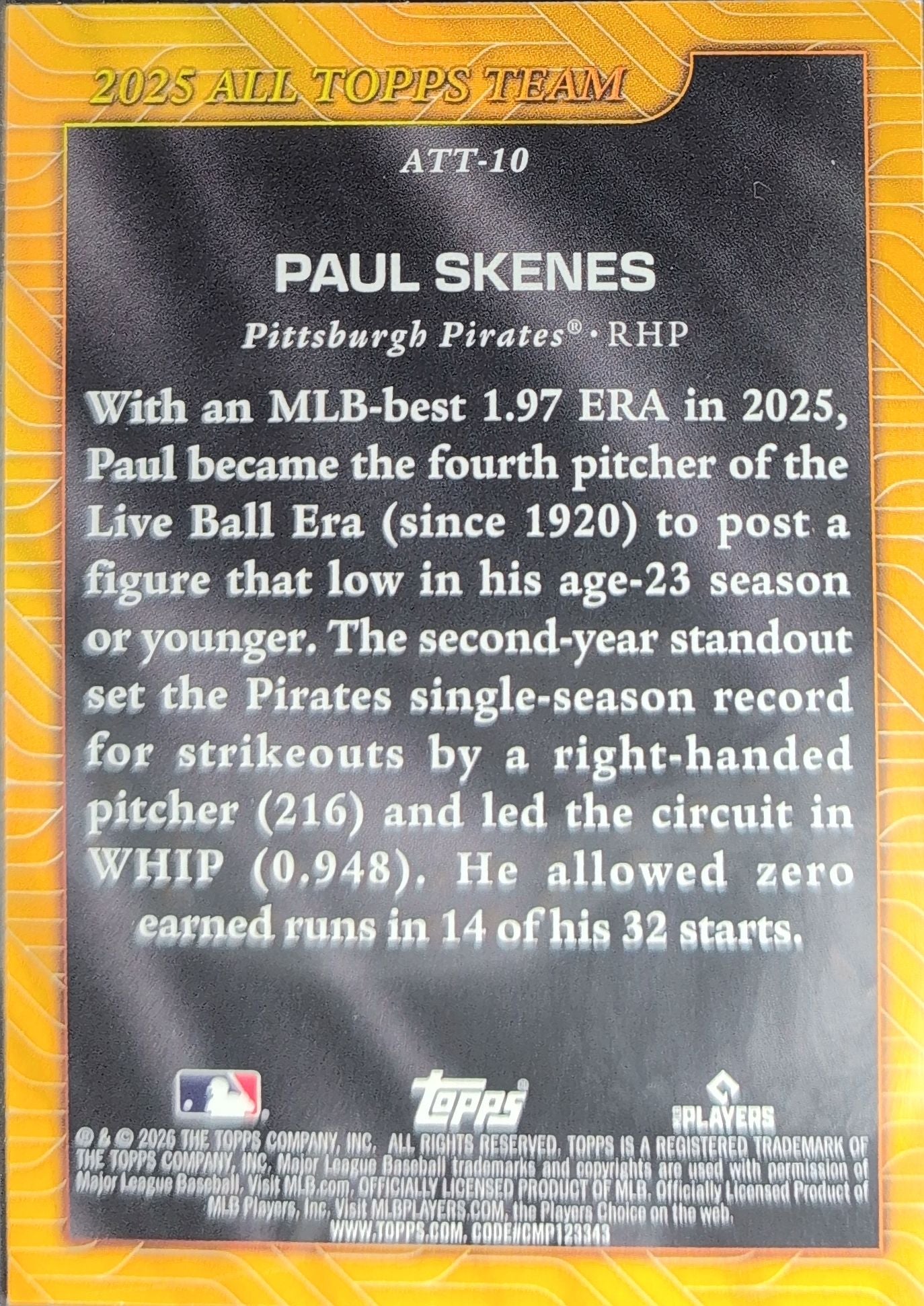 2026 Topps Paul Skenes #ATT-10 2025 All Topps Team Pittsburgh Pirates back