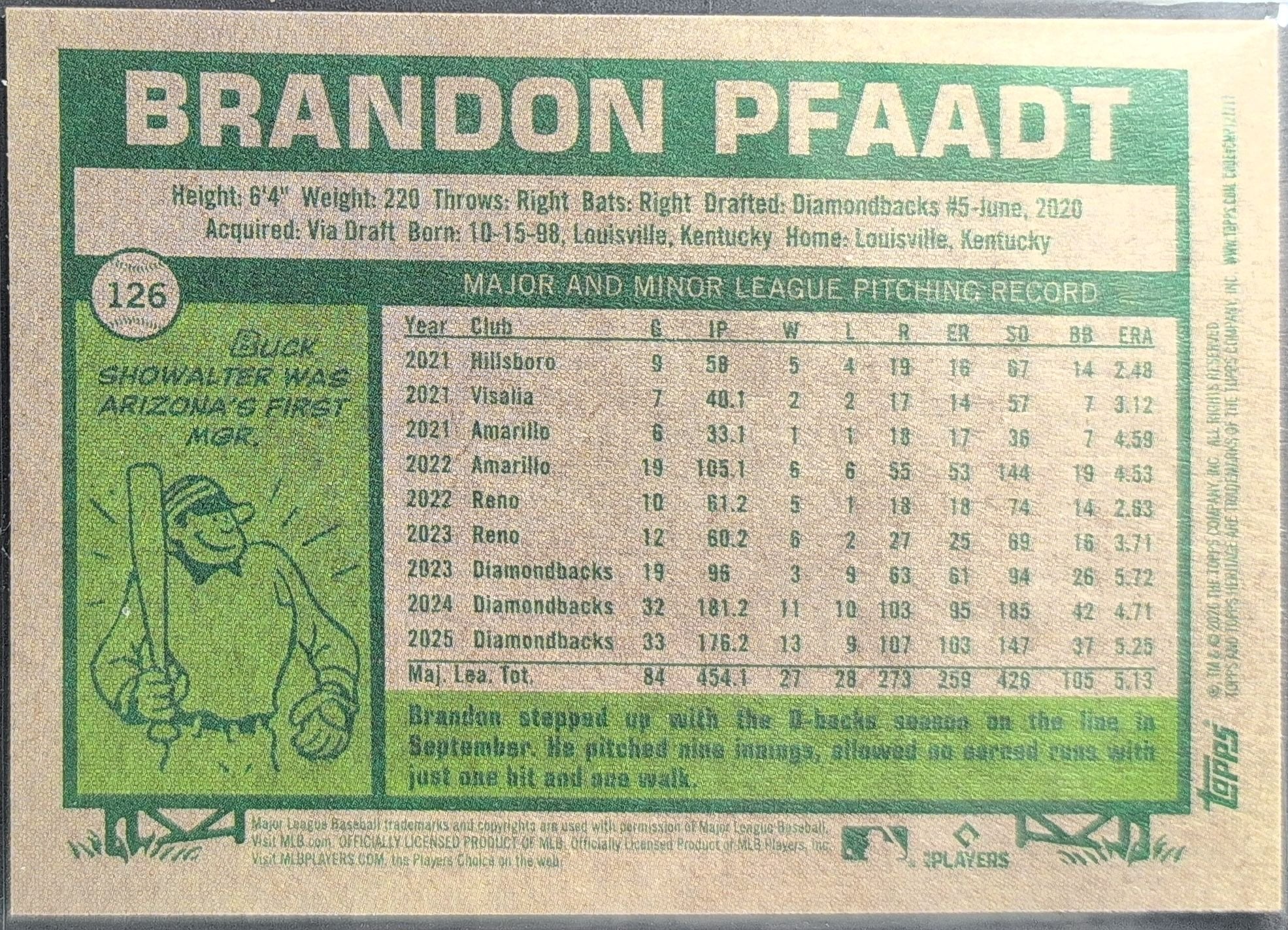Brandon Pfaadt 2026 Topps Heritage #126 Dark Green Arizona Diamondbacks - back image