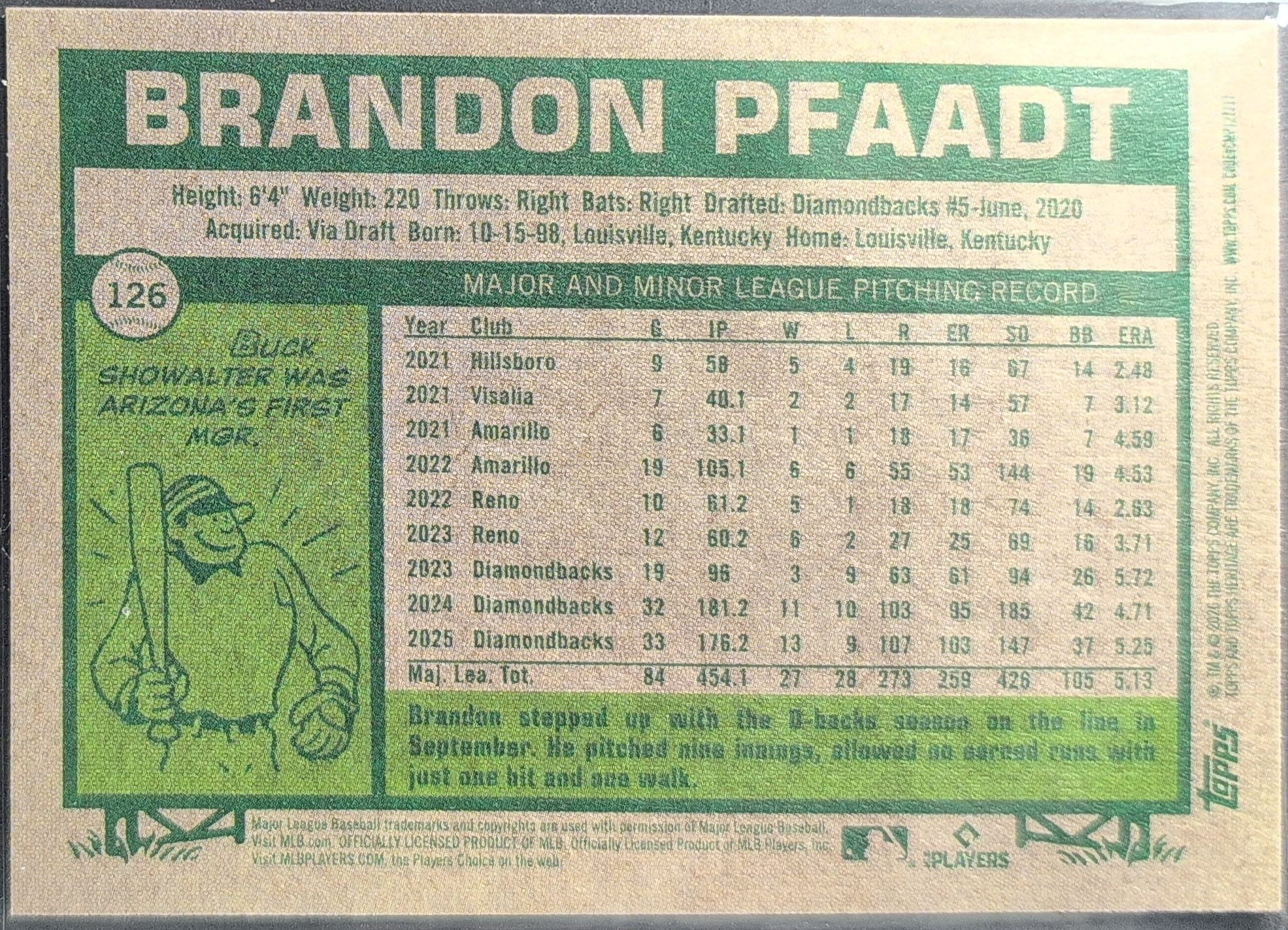 2026 Topps Heritage Brandon Pfaadt #126 Dark Green Arizona Diamondbacks back