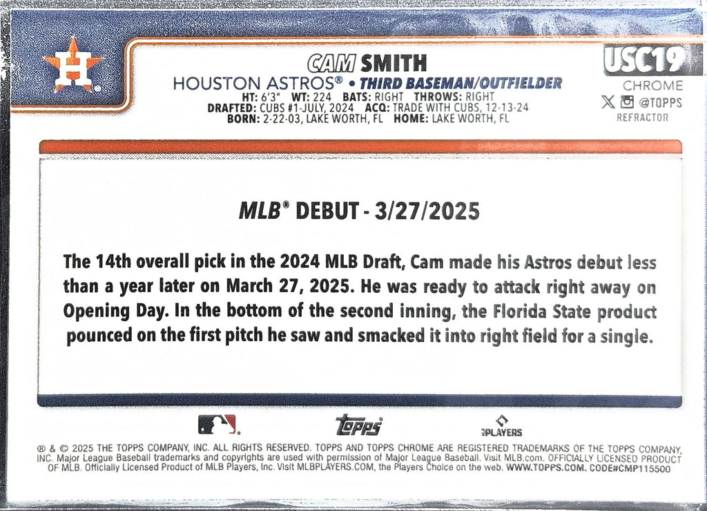 2025 Topps Chrome Update Cam Smith #USC19 Refractors RC Houston Astros back