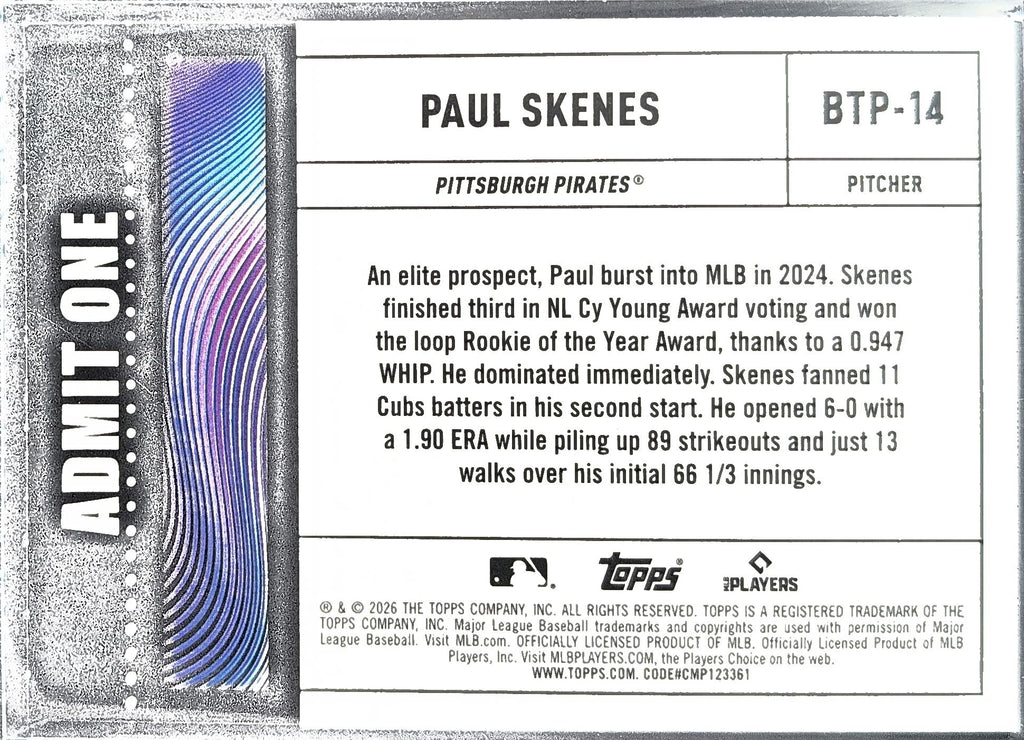 2026 Topps Paul Skenes #BTP-14 Big Ticket Players Pittsburgh Pirates back