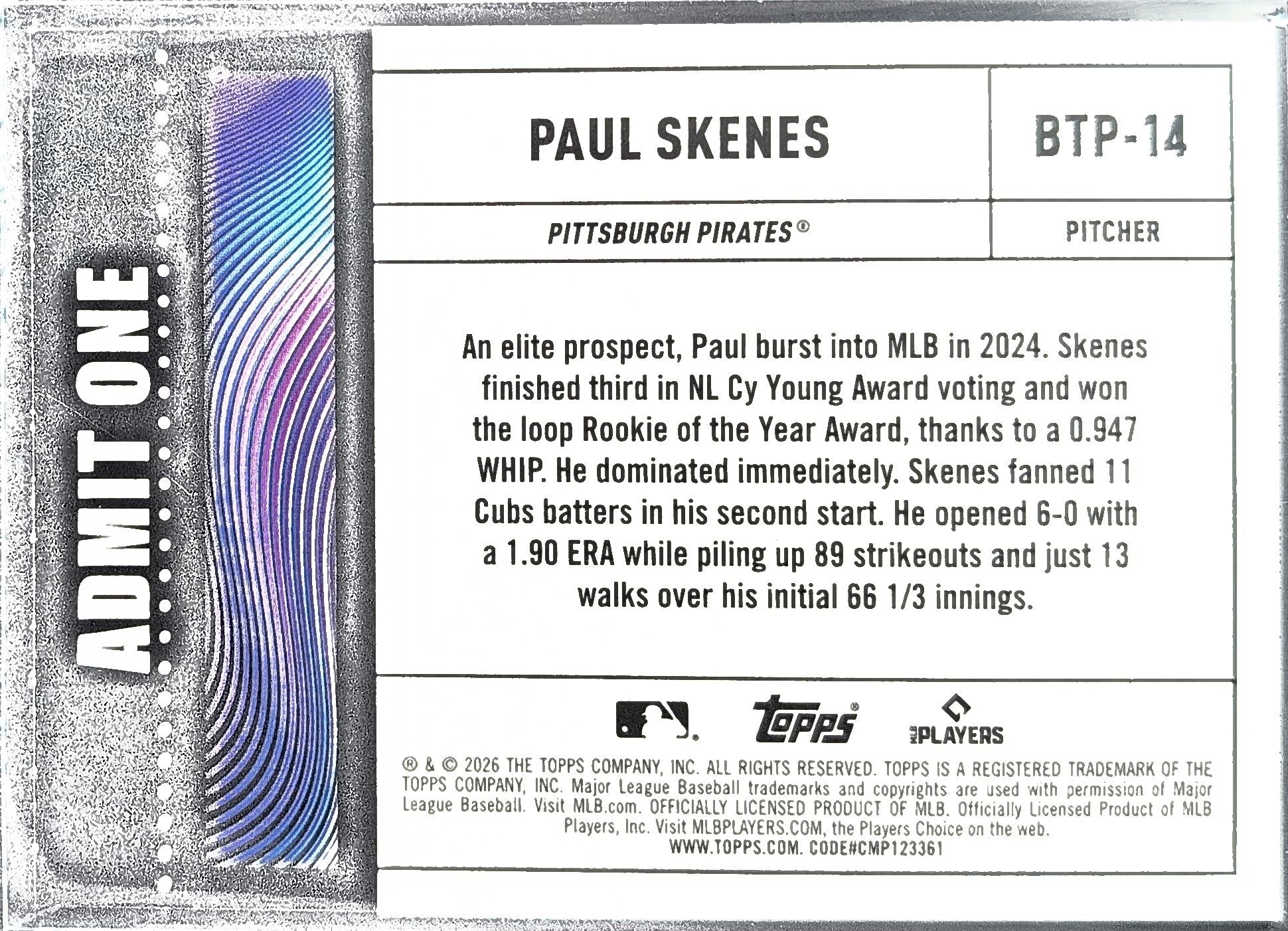 2026 Topps Paul Skenes #BTP-14 Big Ticket Players Pittsburgh Pirates back