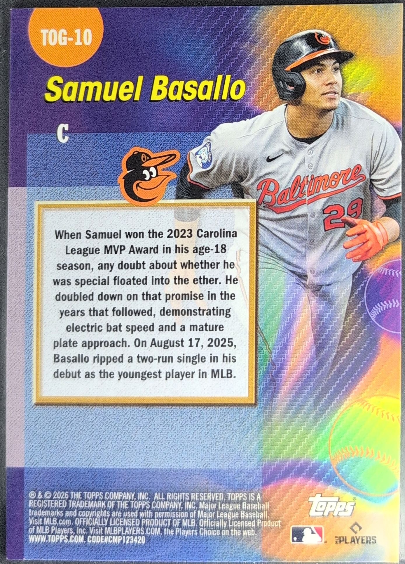 2026 Topps Samuel Basallo #TOG-10 Titans of the Game Baltimore Orioles back