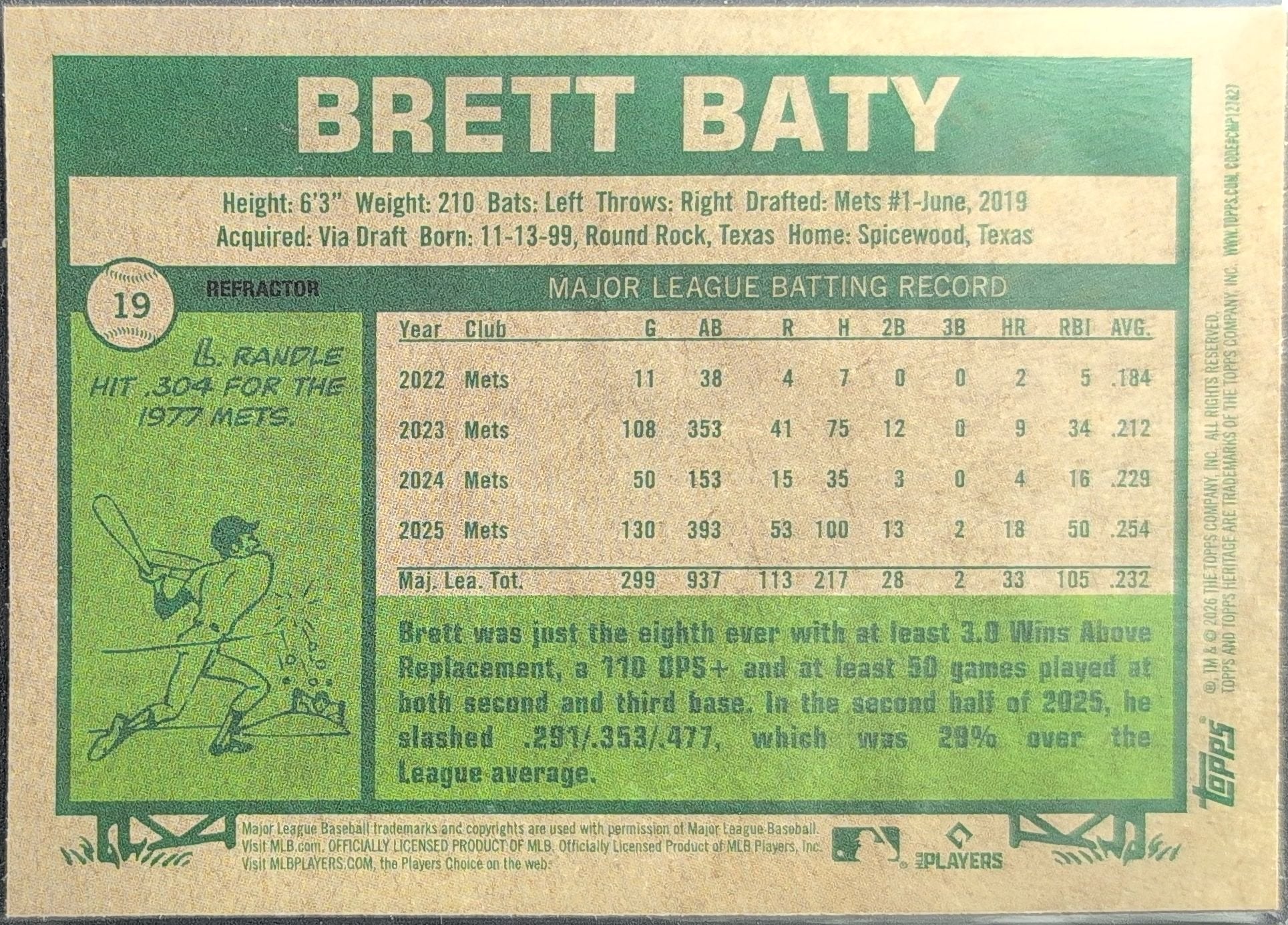 Brett Baty 2026 Topps Heritage #19 New York Mets - back image