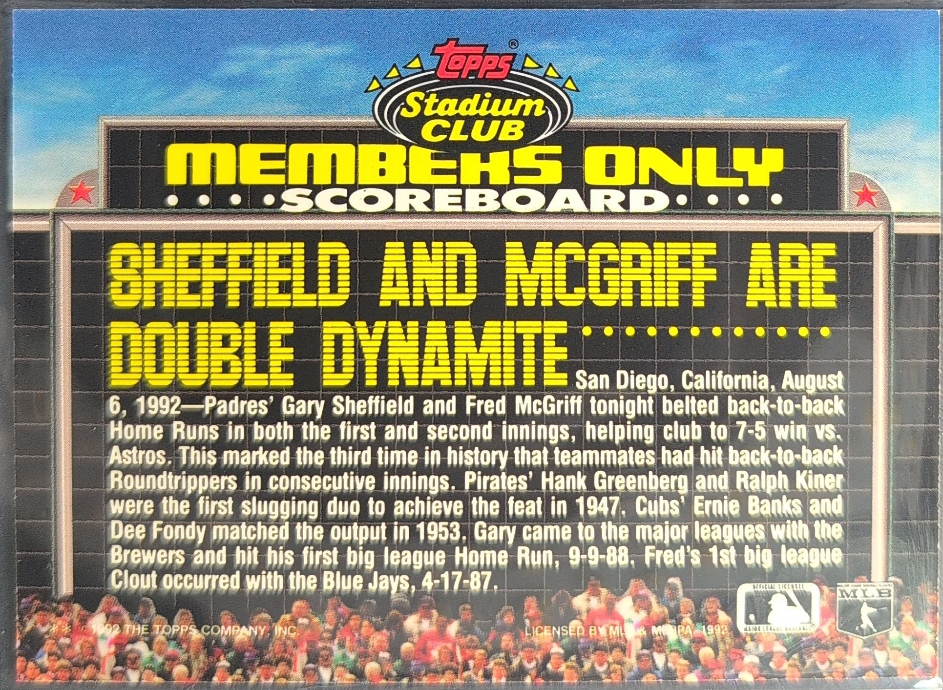 1992 Stadium Club Members Only Gary Sheffield / Fred McGriff #NNO San Diego Padres back