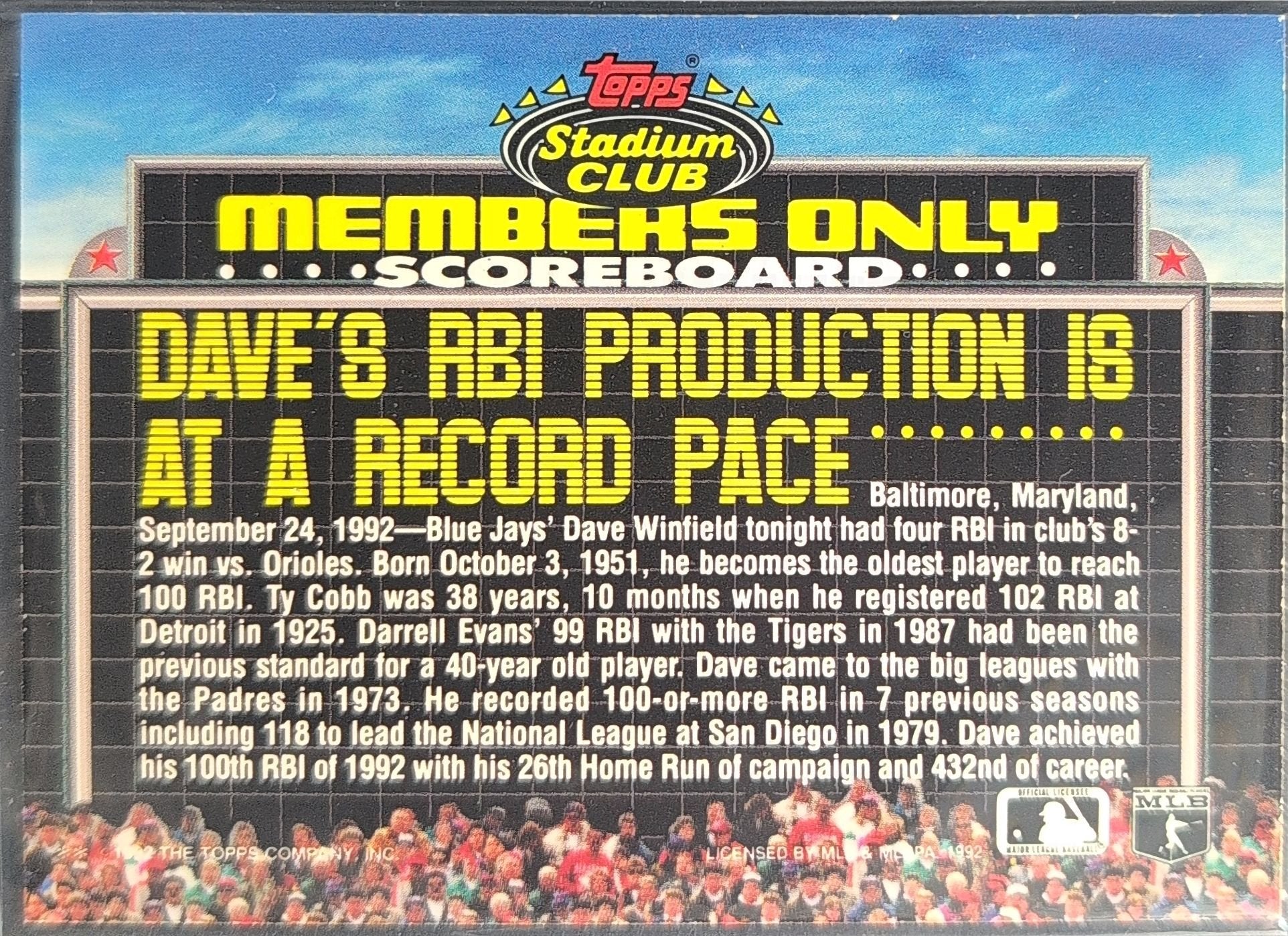 Dave Winfield 1992 Stadium Club Members Only #NNO Toronto Blue Jays - back image