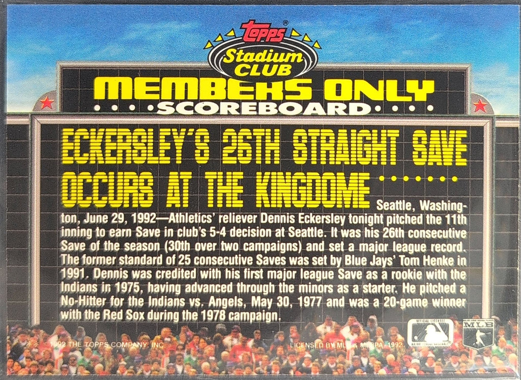 1992 Stadium Club Members Only Dennis Eckersley #NNO Oakland Athletics back