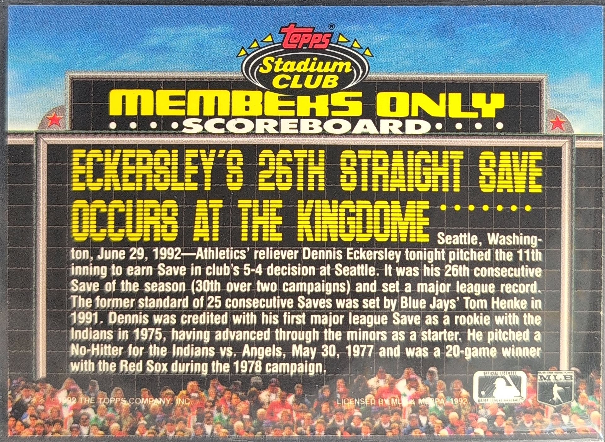 1992 Stadium Club Members Only Dennis Eckersley #NNO Oakland Athletics back