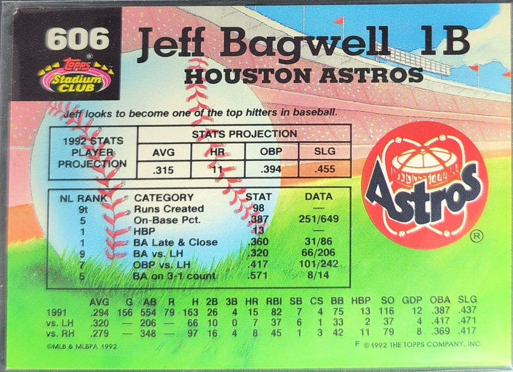 1992 Stadium Club Jeff Bagwell #606b Houston Astros back