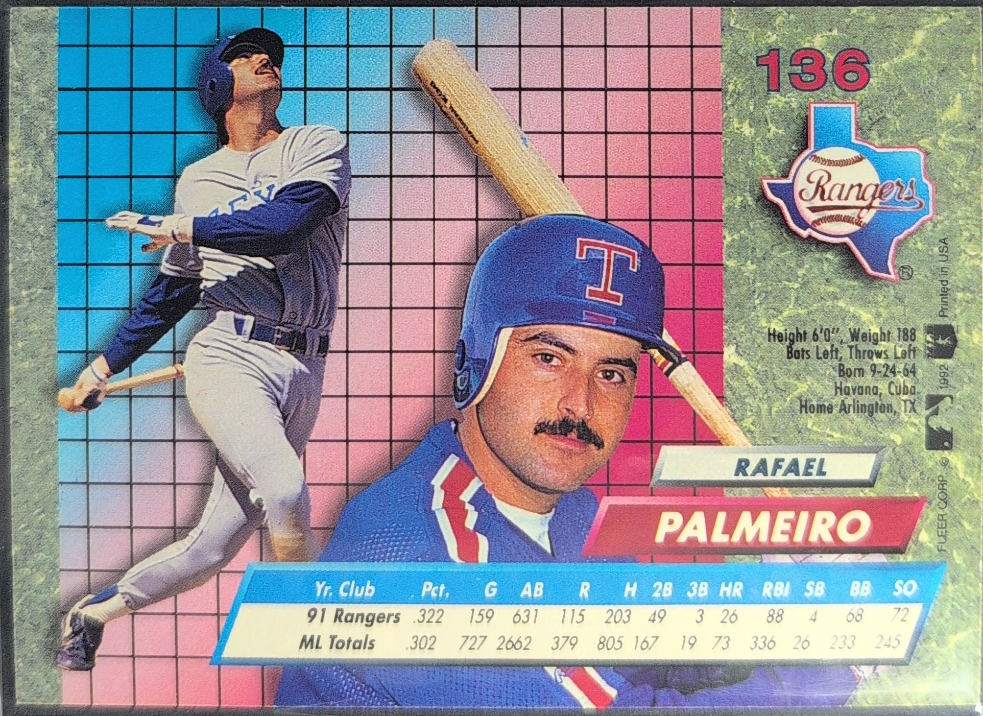 1992 Ultra Rafael Palmeiro #136 Texas Rangers back