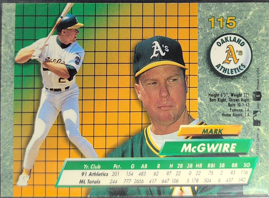 1992 Ultra Mark McGwire #115 Oakland Athletics back