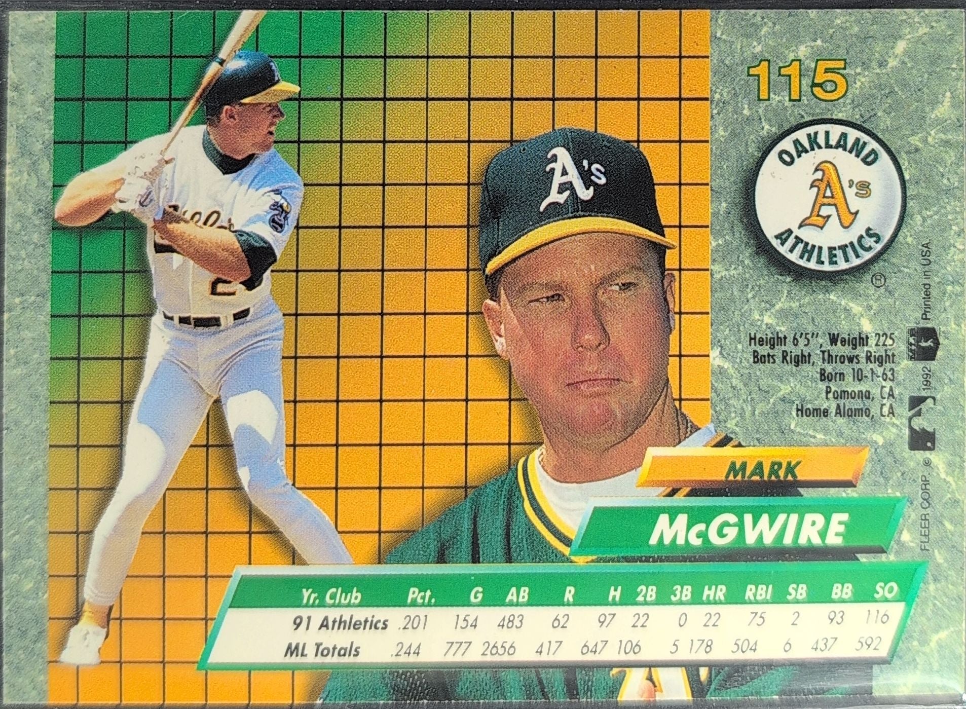 1992 Ultra Mark McGwire #115 Oakland Athletics back