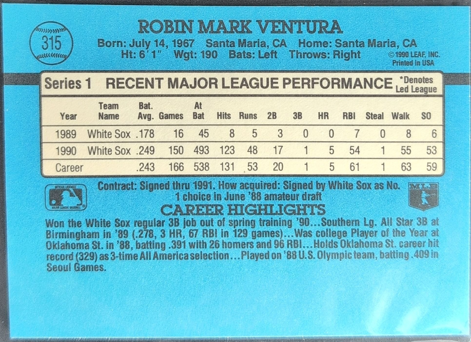 Robin Ventura 1991 Donruss #315 Chicago White Sox - back image