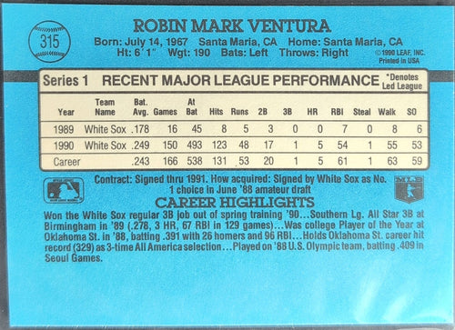 1991 Donruss Robin Ventura #315 Chicago White Sox back