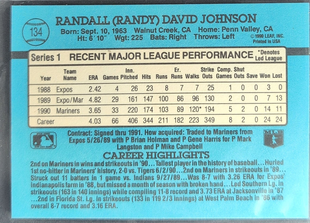1991 Donruss Randy Johnson #134c Seattle Mariners back