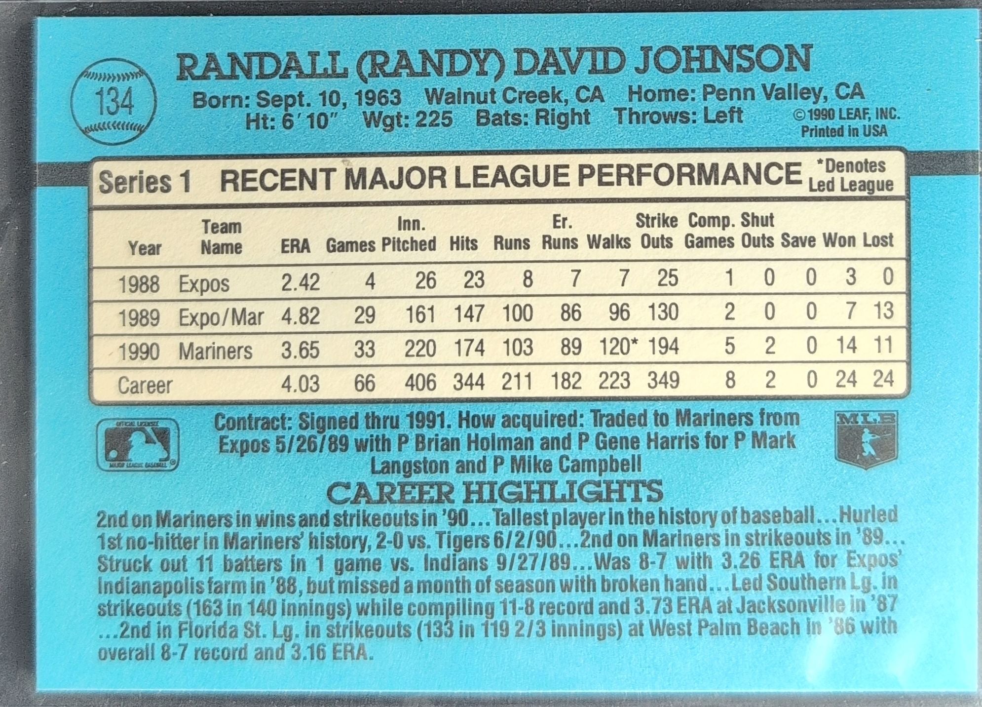 1991 Donruss Randy Johnson #134c Seattle Mariners back