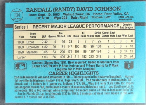 1991 Donruss Randy Johnson #134c Seattle Mariners back