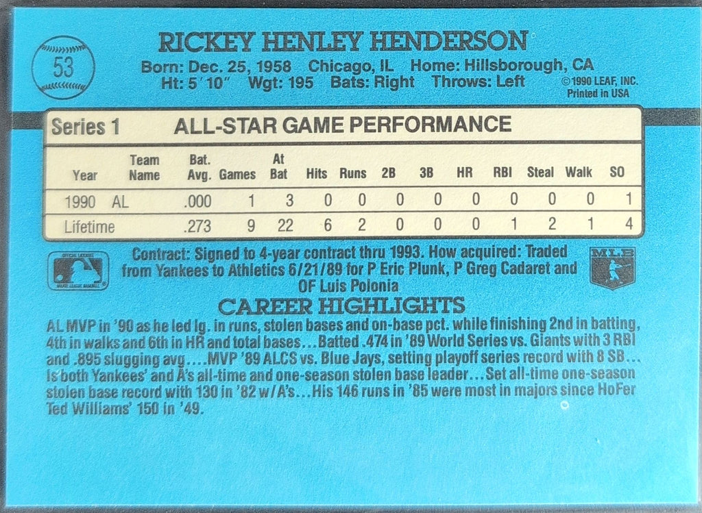 1991 Donruss Rickey Henderson #53 Oakland Athletics back