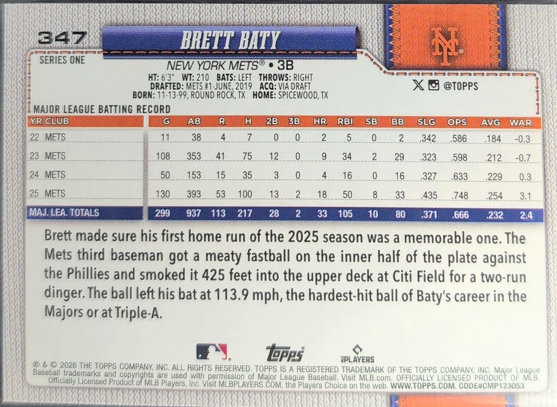 Brett Baty 2026 Topps #347 New York Mets - back image