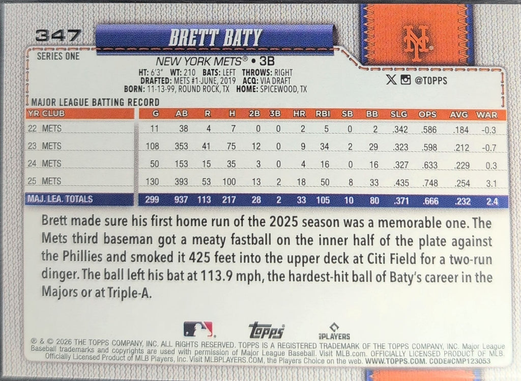 2026 Topps Brett Baty #347 New York Mets back