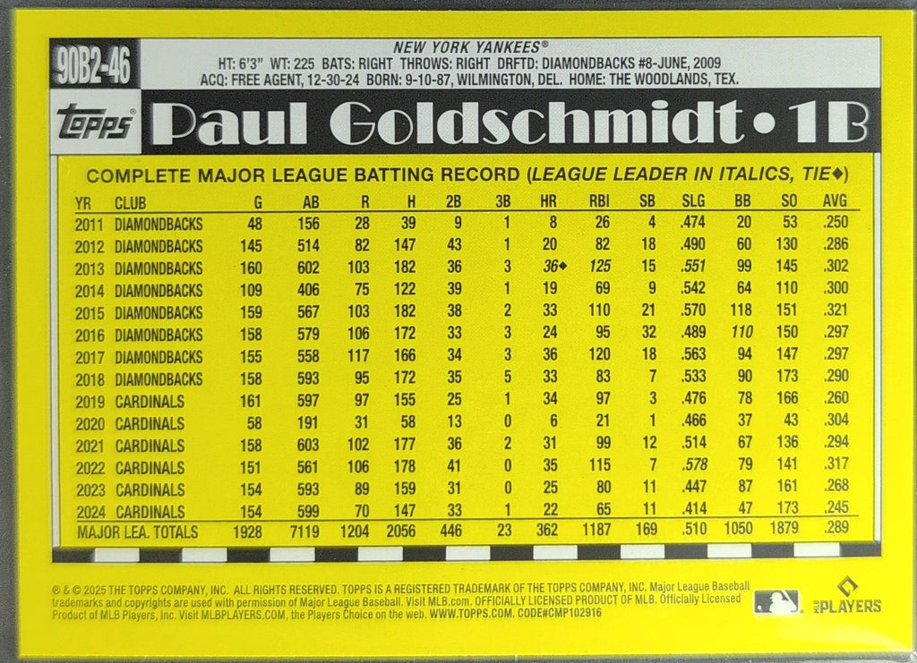 2025 Topps Paul Goldschmidt #90B2-46 1990 Topps Baseball 35th Anniversary (Series Two) New York Yankees back