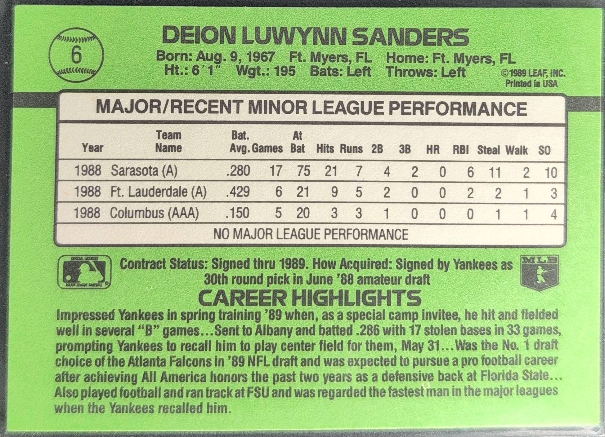 1989 Donruss The Rookies Deion Sanders #6 New York Yankees back