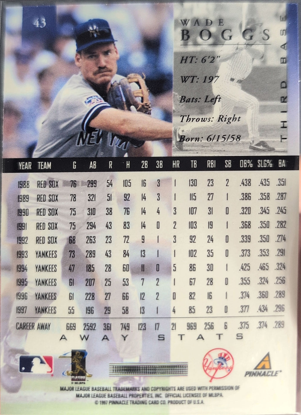 1998 Pinnacle Wade Boggs #43 Home Stats New York Yankees back