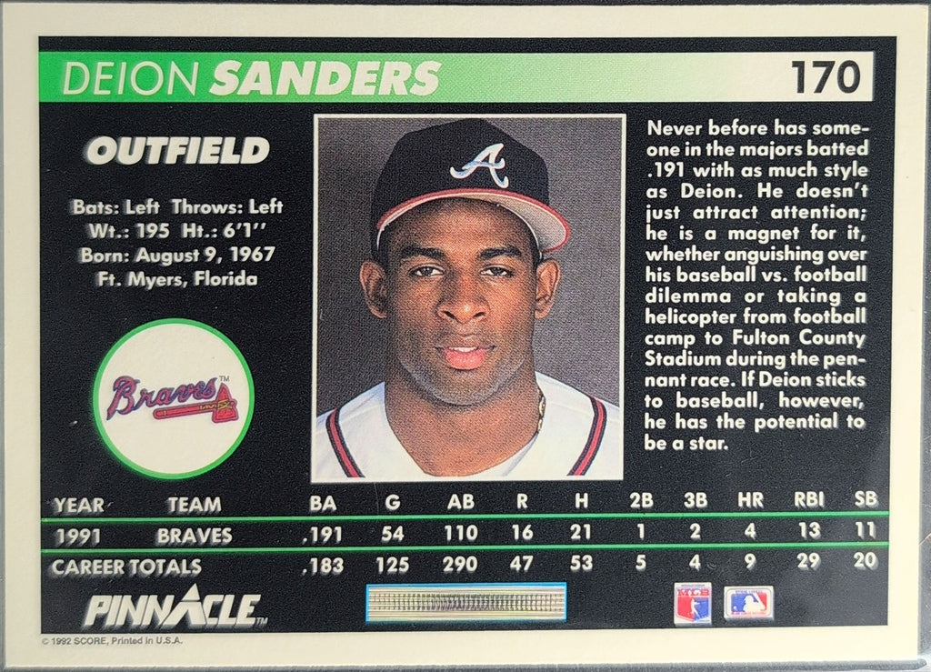 1992 Pinnacle Deion Sanders #170 Atlanta Braves back