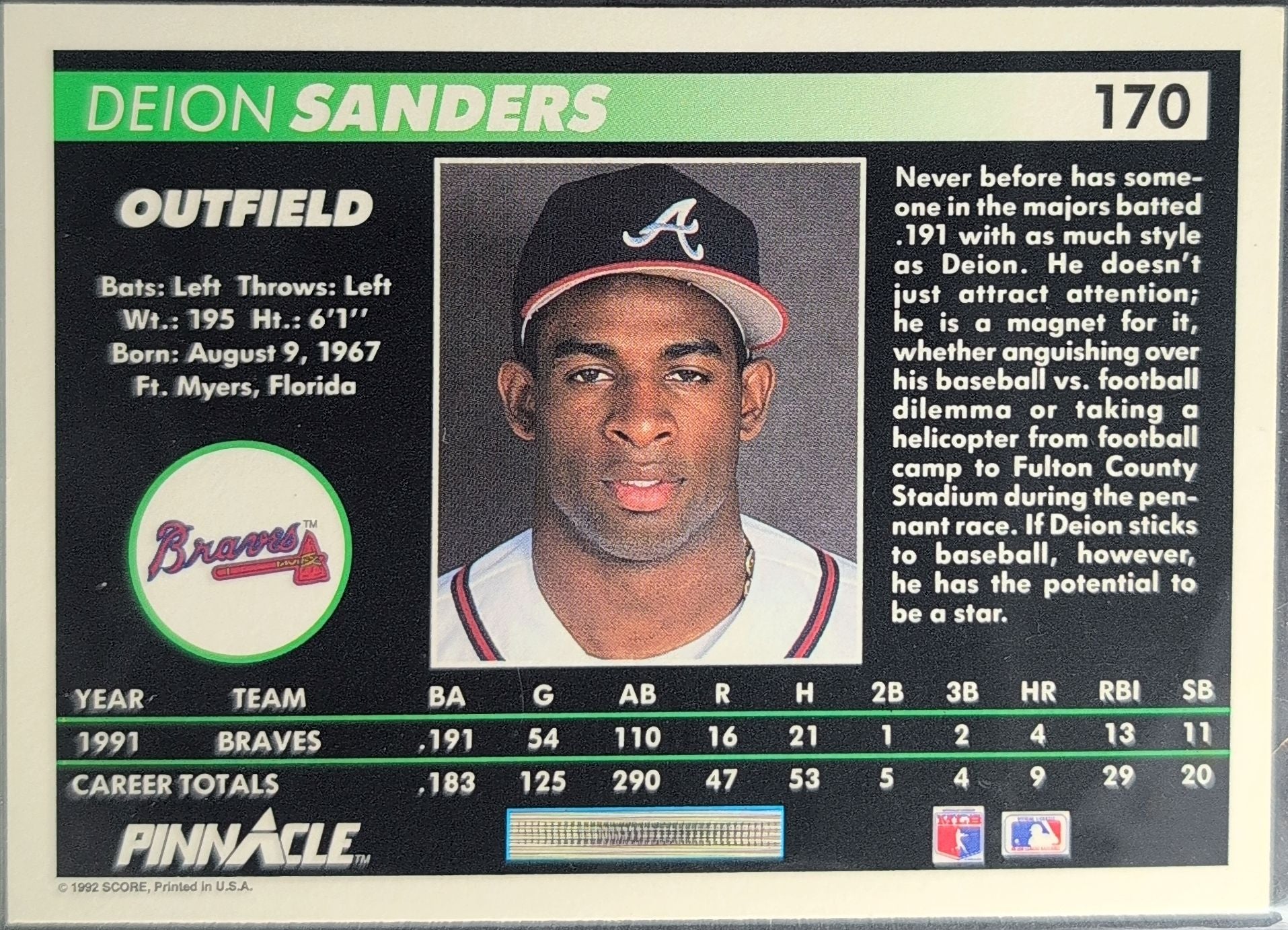 1992 Pinnacle Deion Sanders #170 Atlanta Braves back
