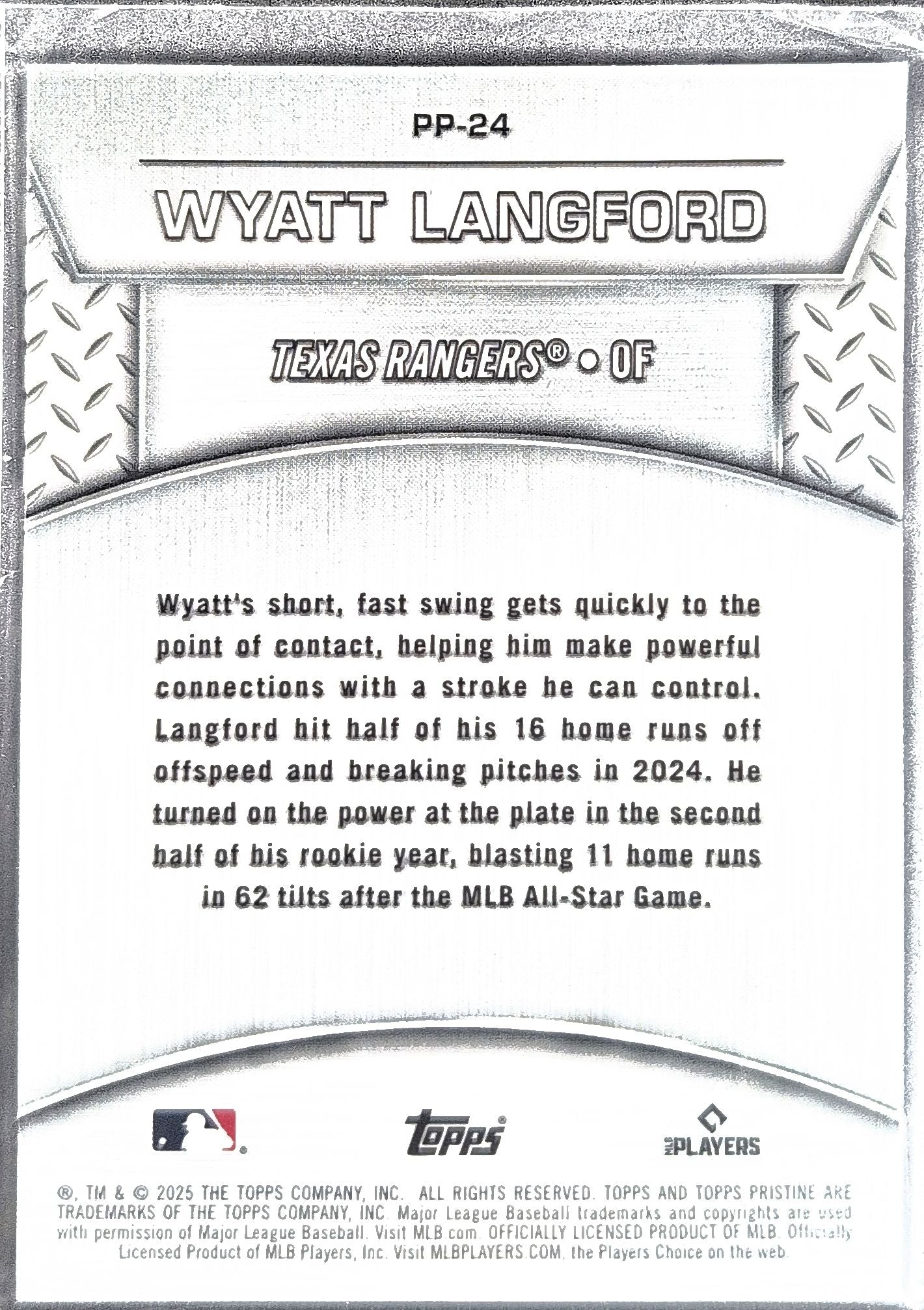 2025 Topps Pristine Wyatt Langford #PP-24 Plated and Polished Texas Rangers back