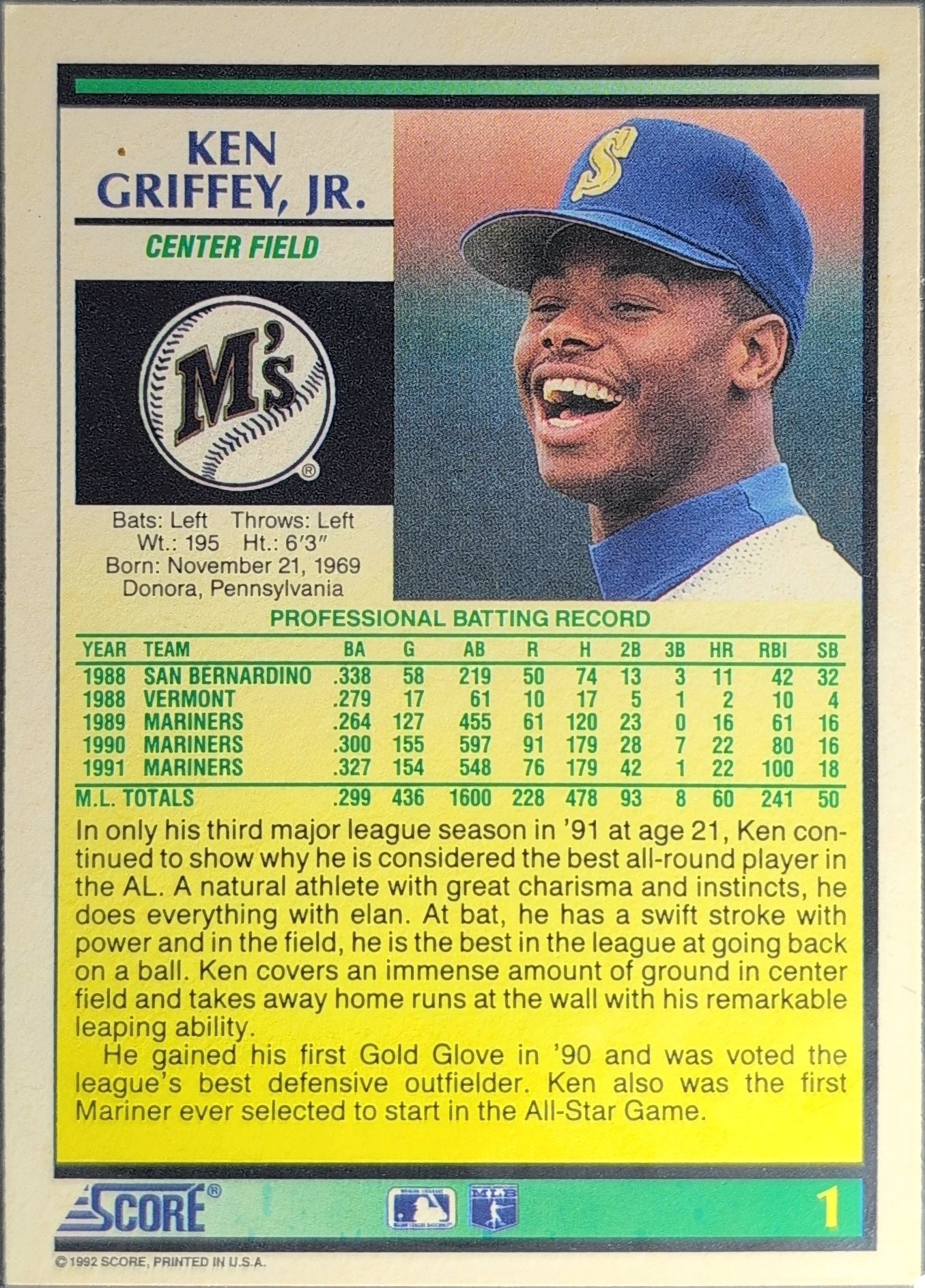 1992 Score Ken Griffey, Jr. #1 Samples Seattle Mariners back