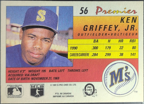 1991 O-Pee-Chee Premier Ken Griffey, Jr. #56 Seattle Mariners back