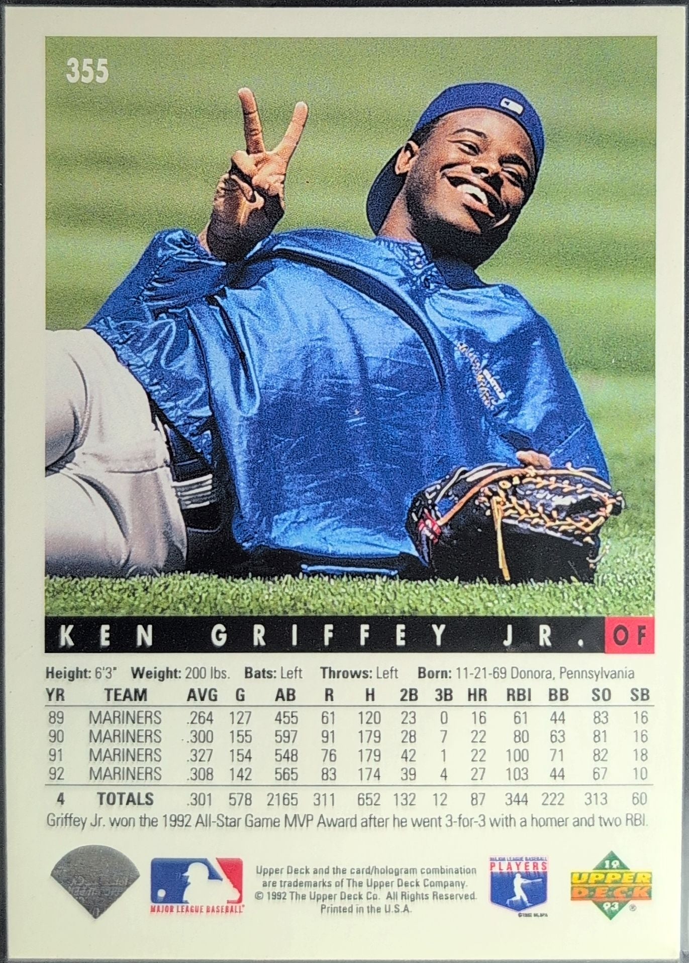 1993 Upper Deck Ken Griffey Jr. #355 Seattle Mariners back