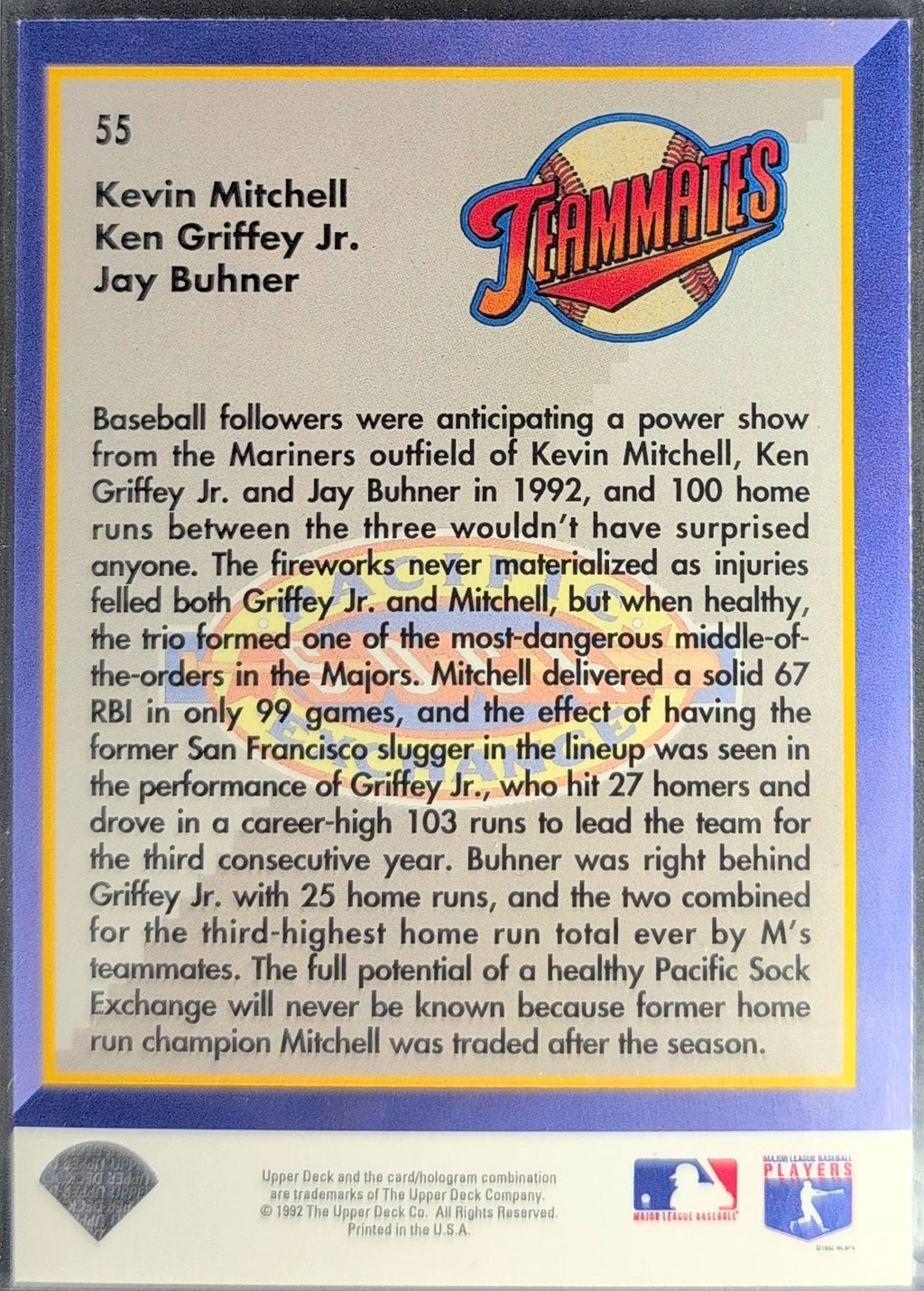 1993 Upper Deck Ken Griffey Jr. / Jay Buhner / Kevin Mitchell #55 Seattle Mariners back