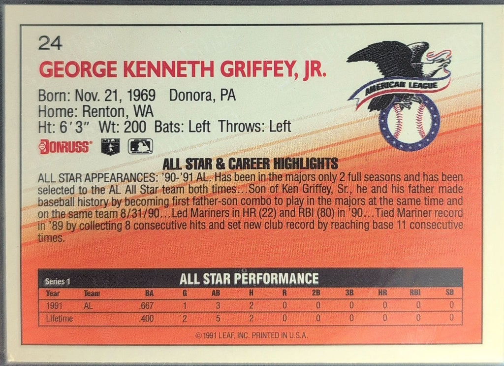 1992 Donruss Ken Griffey, Jr. #24b Seattle Mariners back