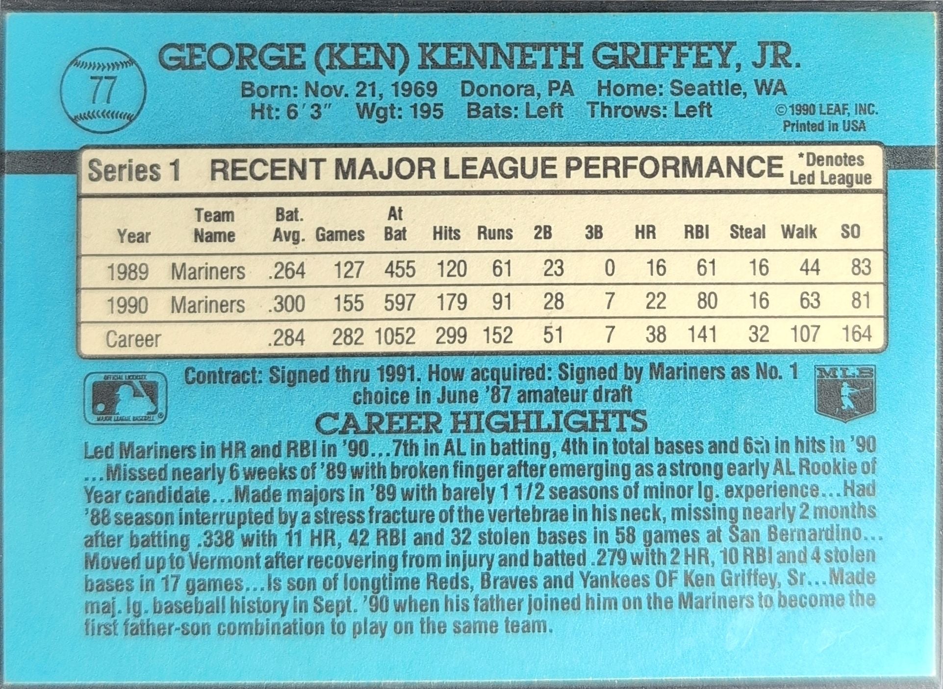 1991 Donruss Ken Griffey Jr. #77b Seattle Mariners back