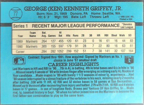 1991 Donruss Ken Griffey Jr. #77b Seattle Mariners back